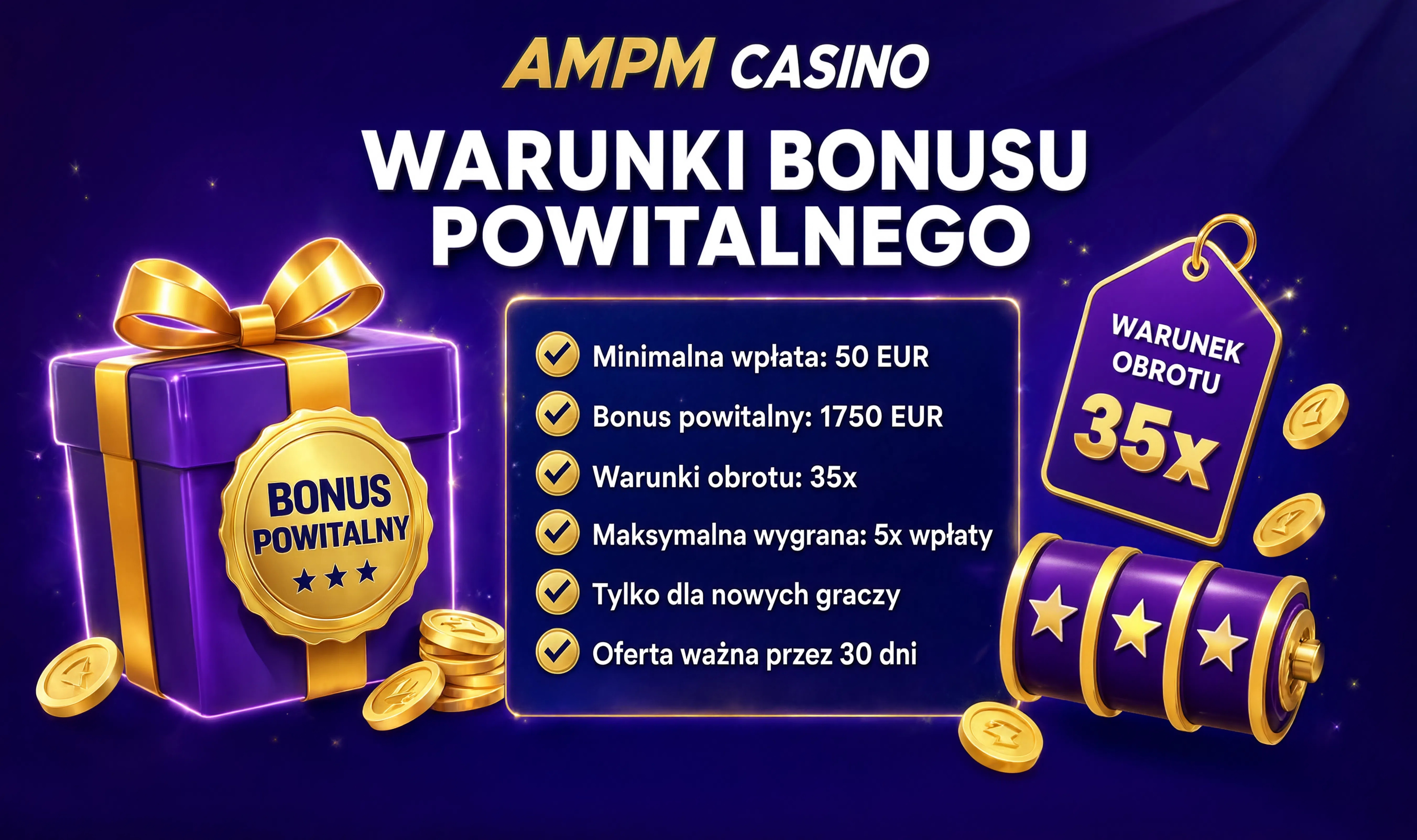 Panel bonusu powitalnego AMPM Casino z opcjami do wyboru za pierwszą wpłatę