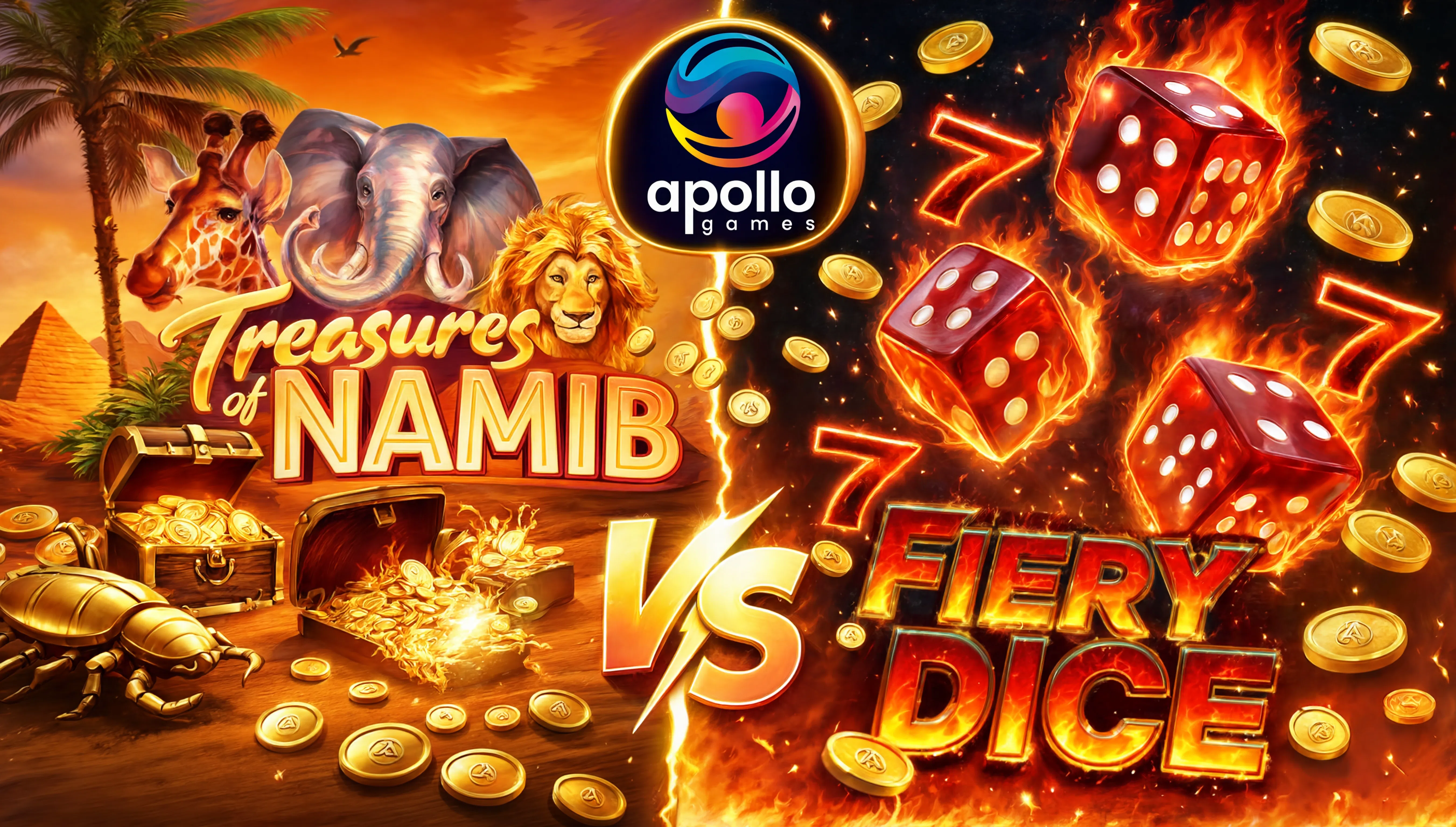 porównanie slotów Treasures of Namib i Fiery Dice od Apollo Games